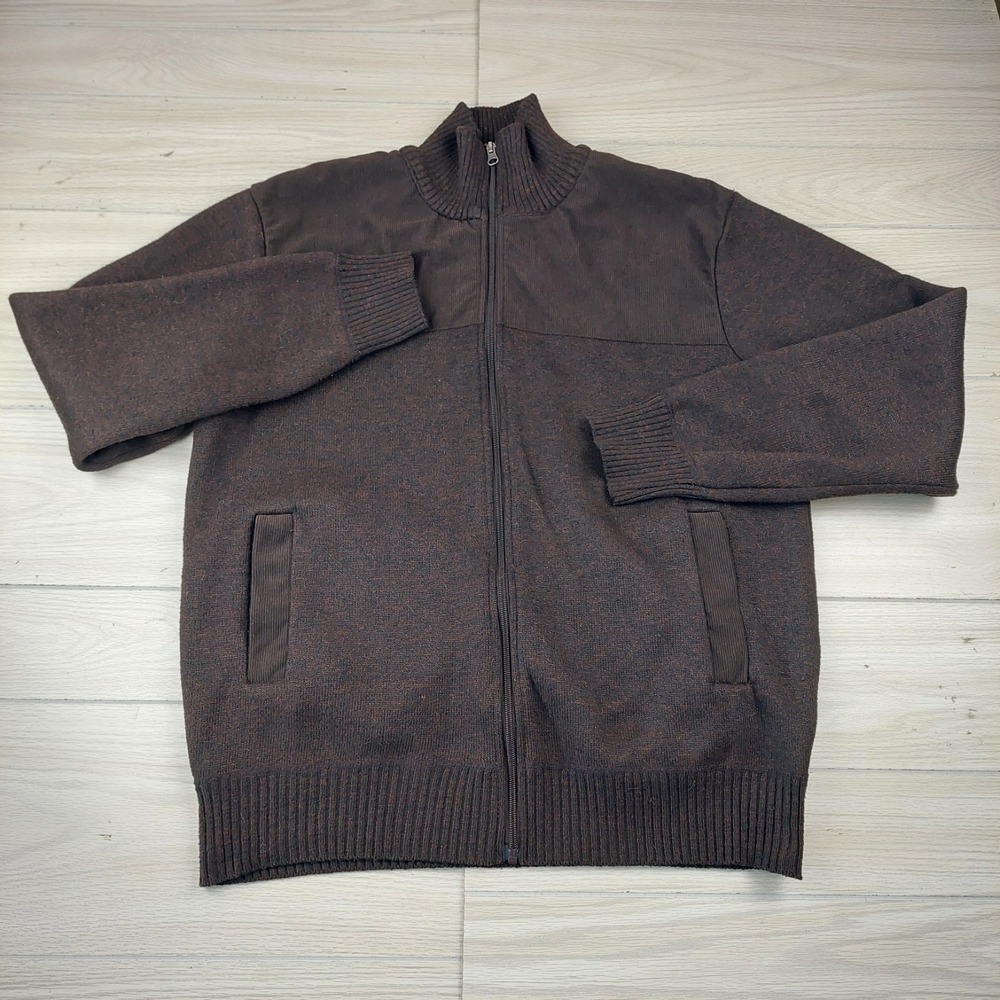 Izod Sweater Mens XL Brown Full Zip Fleece Lined Plaid Mock Neck Golf Grandpa‎